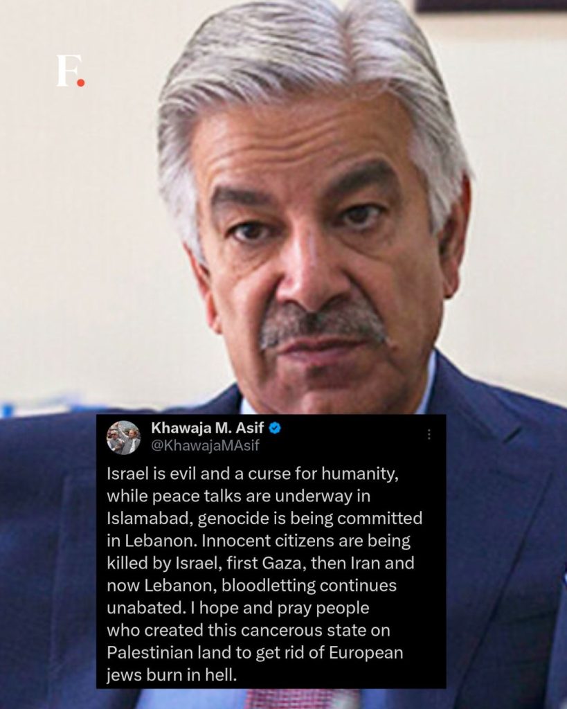 Pakistan's Defense Minister Khawaja Asif (pictured) harshly denounced Israel over its actions in Lebanon on Thursda