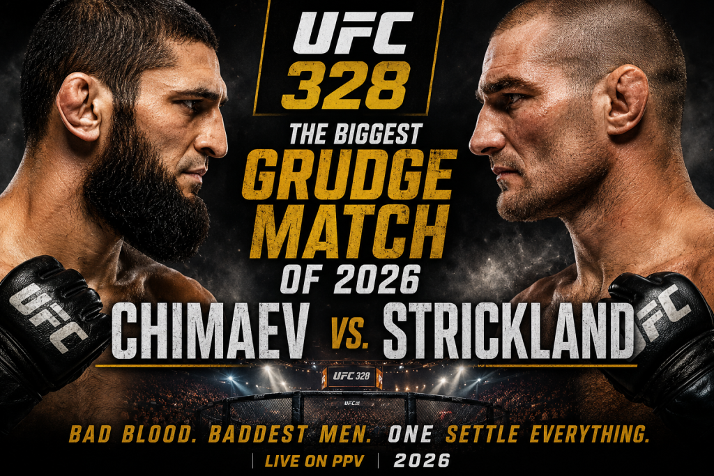 Intense UFC 328 promotional poster showing Khamzat Chimaev and Sean Strickland in a face-to-face stare down inside a packed MMA arena, highlighting the biggest UFC grudge match of 2026.