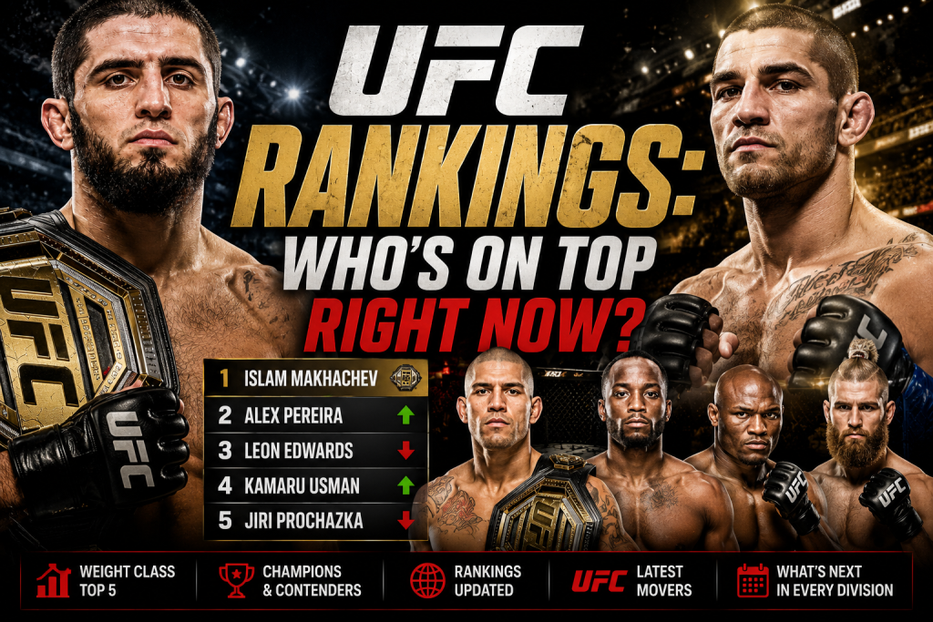 Dynamic UFC rankings featured image showing top MMA fighters including Islam Makhachev and Alex Pereira with a live top-five rankings board inside a brightly lit UFC arena.