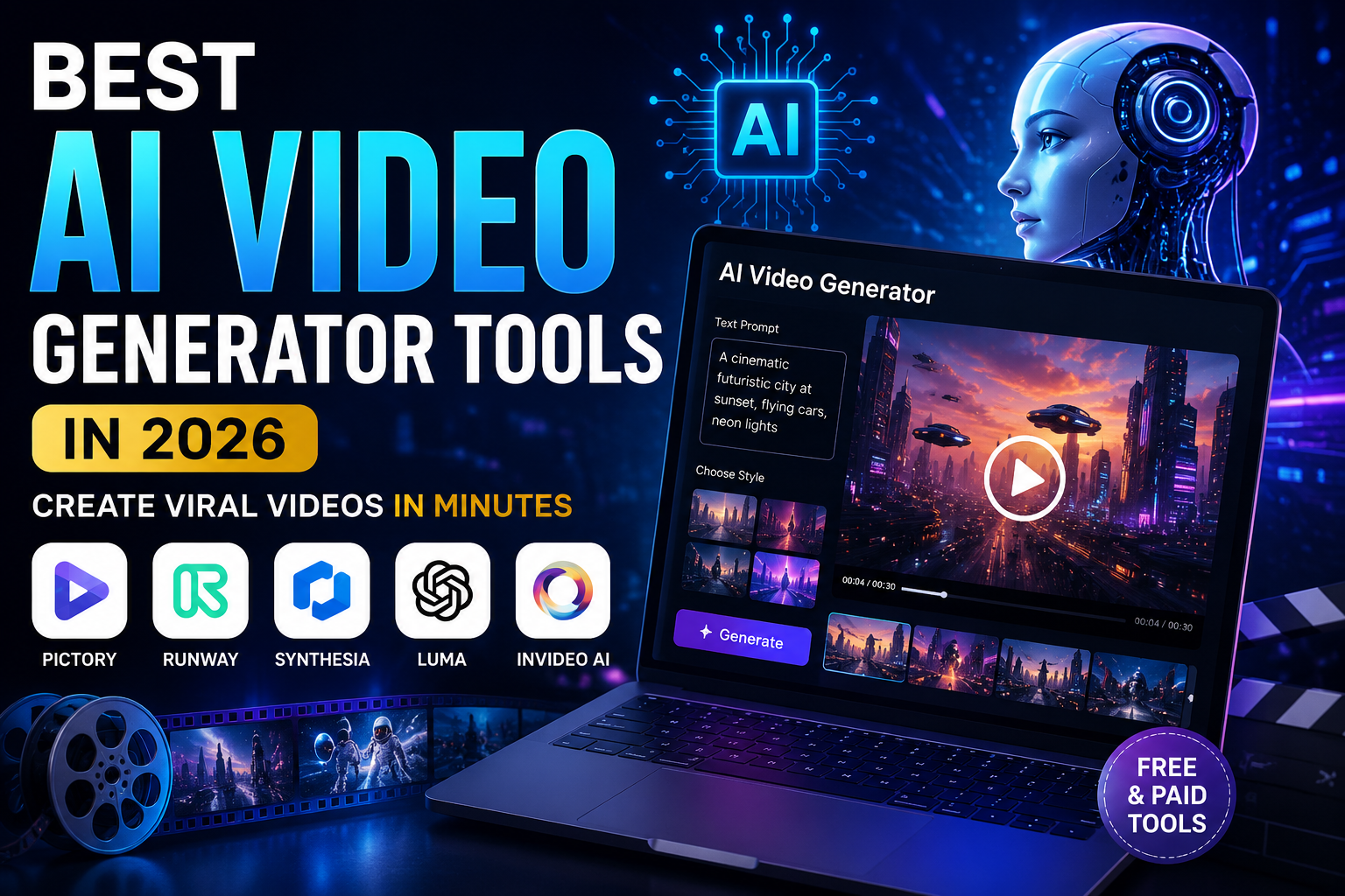 Futuristic AI video generator tools featured image with glowing neon technology background, AI robot, laptop video editor dashboard, and viral video creation concept for 2026.