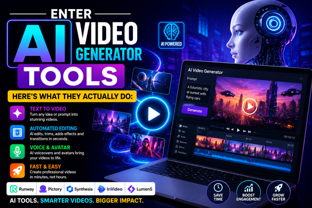 Enter AI Video Generator Tools – Discover What AI Video Creators Actually Do in 2026 **Alternative Text:**
Futuristic AI video generator tools banner featuring a glowing AI robot, laptop with AI video editing software, neon digital background, and text explaining AI-powered video creation features like text-to-video, automated editing, and voice avatars.