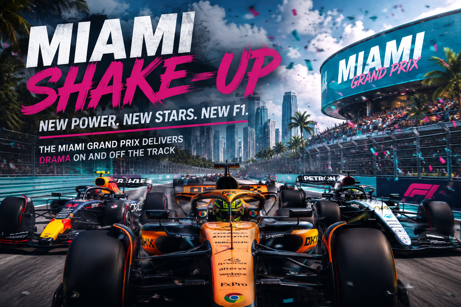 Formula 1 cars racing at the Miami Grand Prix with bold “Miami Shake-Up” headline, confetti, palm trees, and Miami skyline in a dramatic sports editorial design.