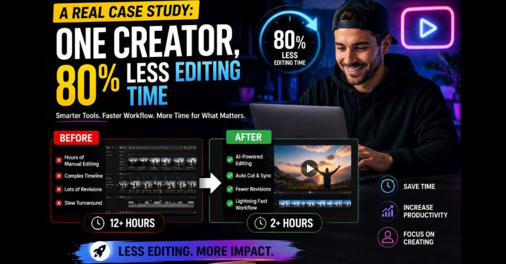 A Real Case Study – How AI Video Editing Tools Helped One Creator Save 80% Editing Time **Alternative Text:**
Futuristic case study graphic of a video creator using AI editing tools to reduce editing time by 80%, featuring workflow comparison panels, productivity icons, and neon digital visuals.